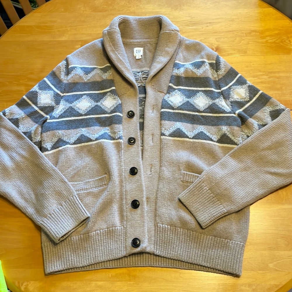 Gap Mens Heavy Knit Khaki Argyle Cardigan Cashmere Wool Blend Large